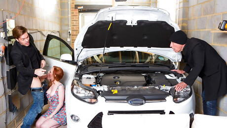 Gracile british redheaded youthful Ella Hughes in nice skirt sucking on huge dick and takes a hot cum shot 