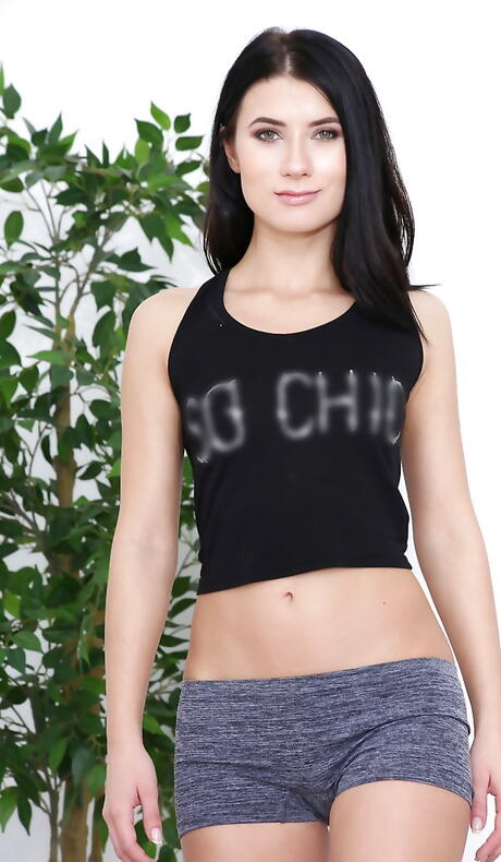 Slim kazakh brunette Nicole Black in shorts exhibiting small tits and masturbating 